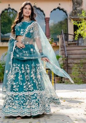 Rama Green Embroidererd Silk Lehenga Set With Dupatta