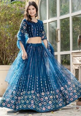 Rama Green Embroidererd Silk Lehenga Set With Dupatta