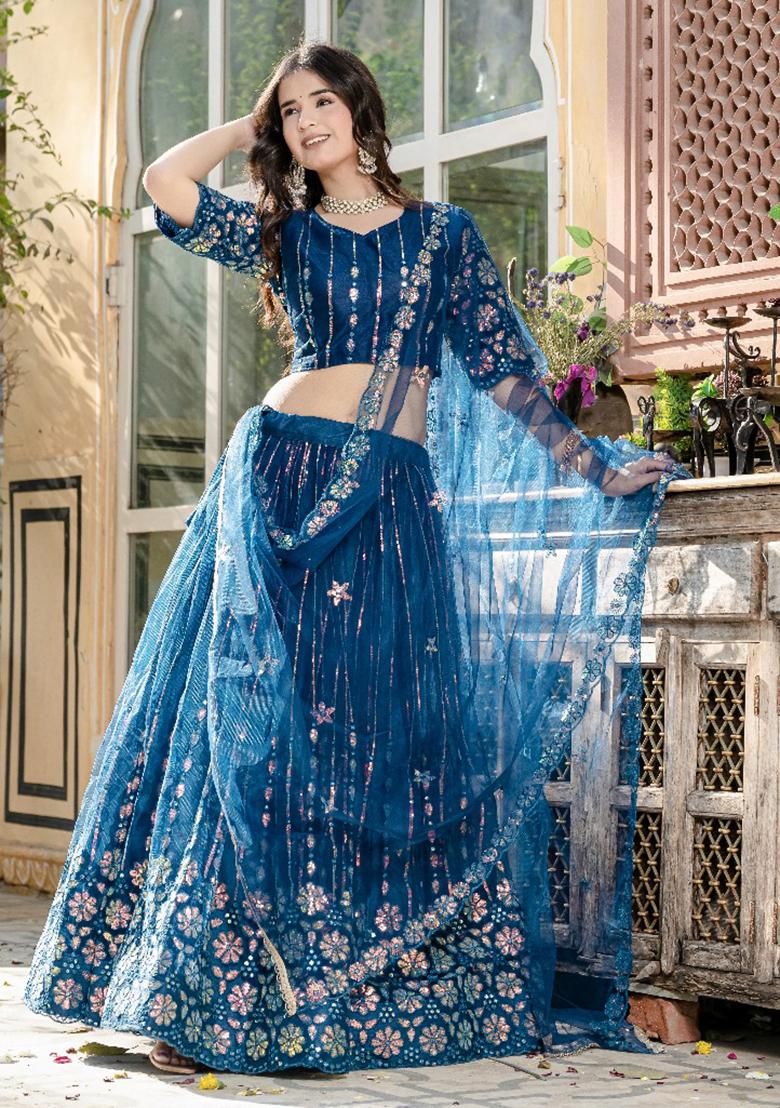 Rama Green Embroidererd Silk Lehenga Set With Dupatta