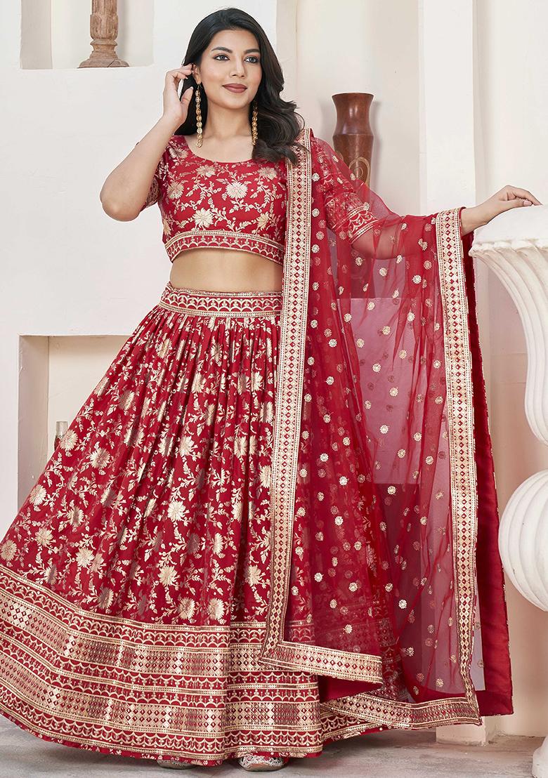 Red Embroidererd Silk Lehenga Set With Dupatta