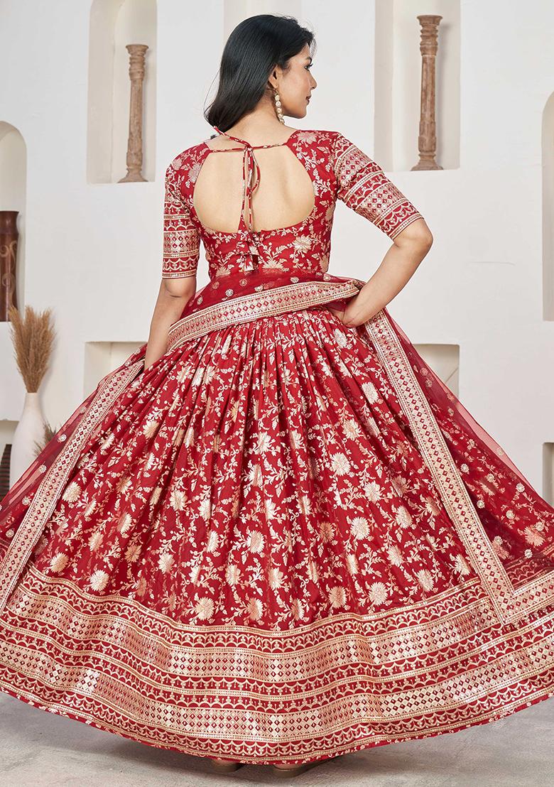 Red Embroidererd Silk Lehenga Set With Dupatta