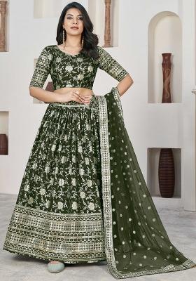 Mehendi Green Embroidererd Silk Lehenga Set With Dupatta