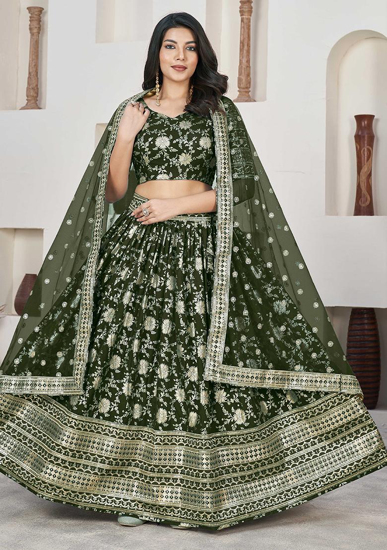 Mehendi Green Embroidererd Silk Lehenga Set With Dupatta