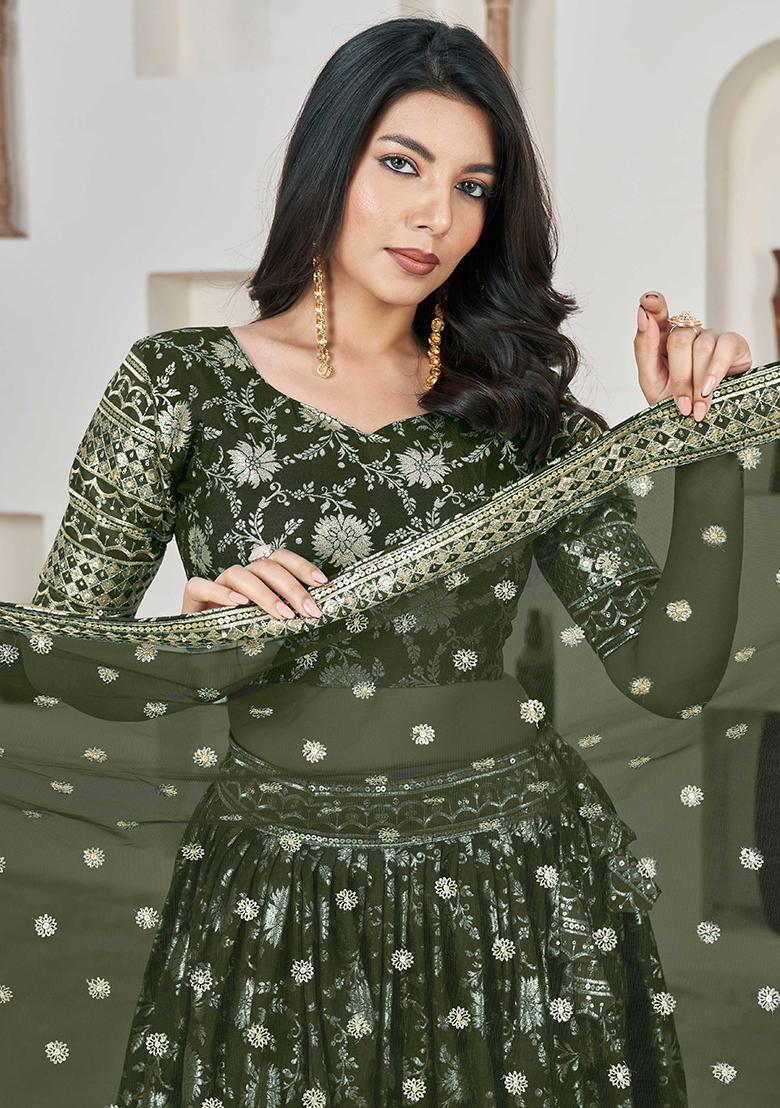 Mehendi Green Embroidererd Silk Lehenga Set With Dupatta