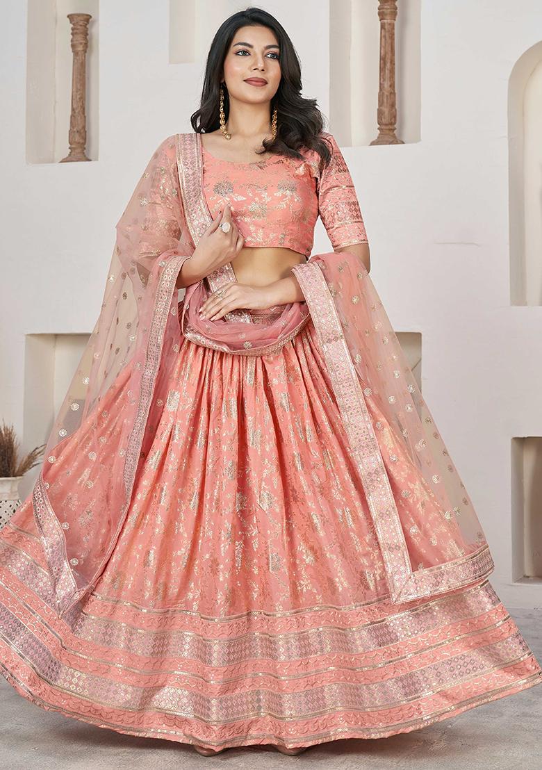 Peach Embroidererd Silk Lehenga Set With Dupatta