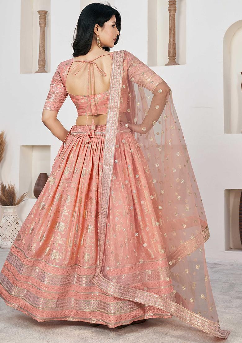 Peach Embroidererd Silk Lehenga Set With Dupatta