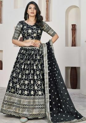 Black Embroidererd Silk Lehenga Set With Dupatta