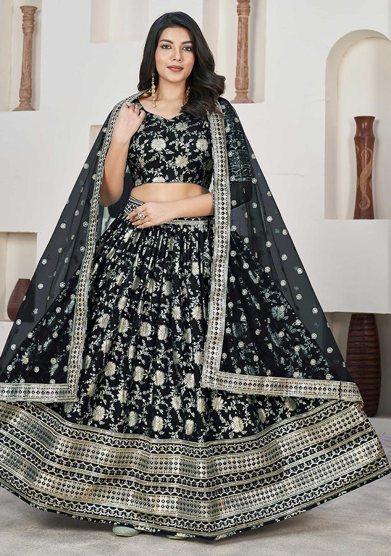 Black Embroidererd Silk Lehenga Set With Dupatta