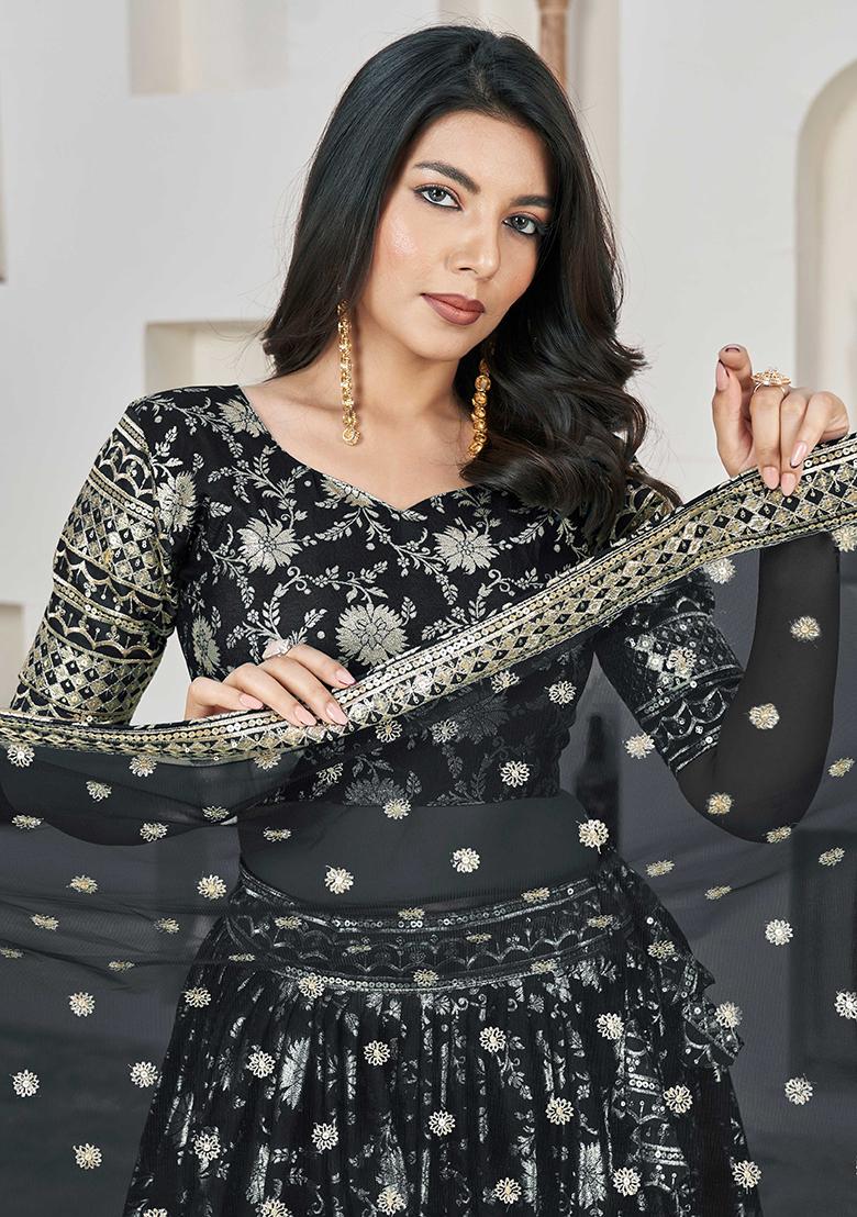Black Embroidererd Silk Lehenga Set With Dupatta