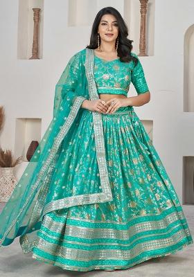 Green Embroidererd Silk Lehenga Set With Dupatta