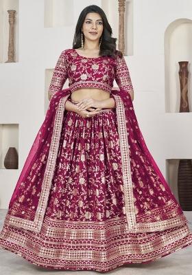 Rani Pink Embroidererd Silk Lehenga Set With Dupatta