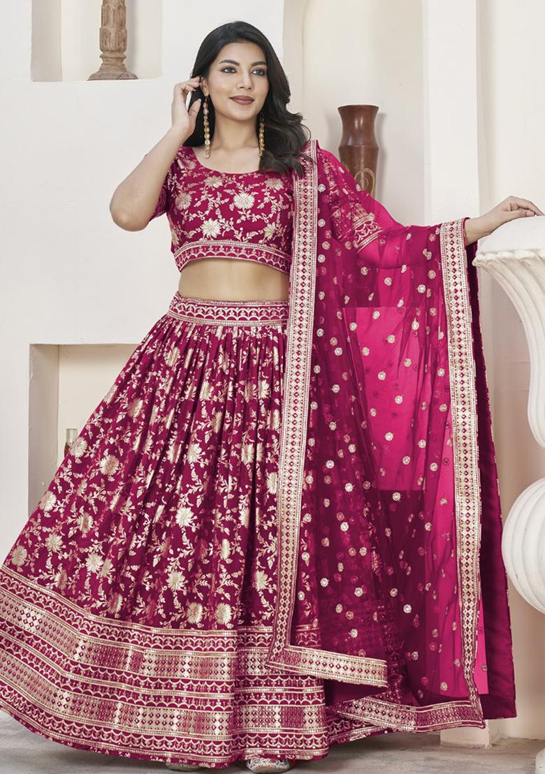 Rani Pink Embroidererd Silk Lehenga Set With Dupatta