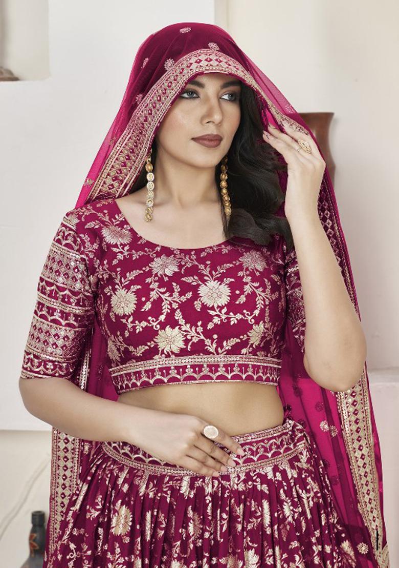 Rani Pink Embroidererd Silk Lehenga Set With Dupatta