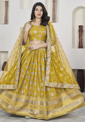 Yellow Embroidererd Silk Lehenga Set With Dupatta
