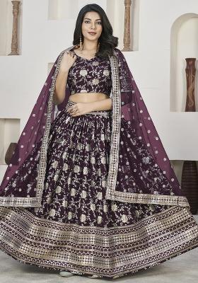 Wine Embroidererd Silk Lehenga Set With Dupatta