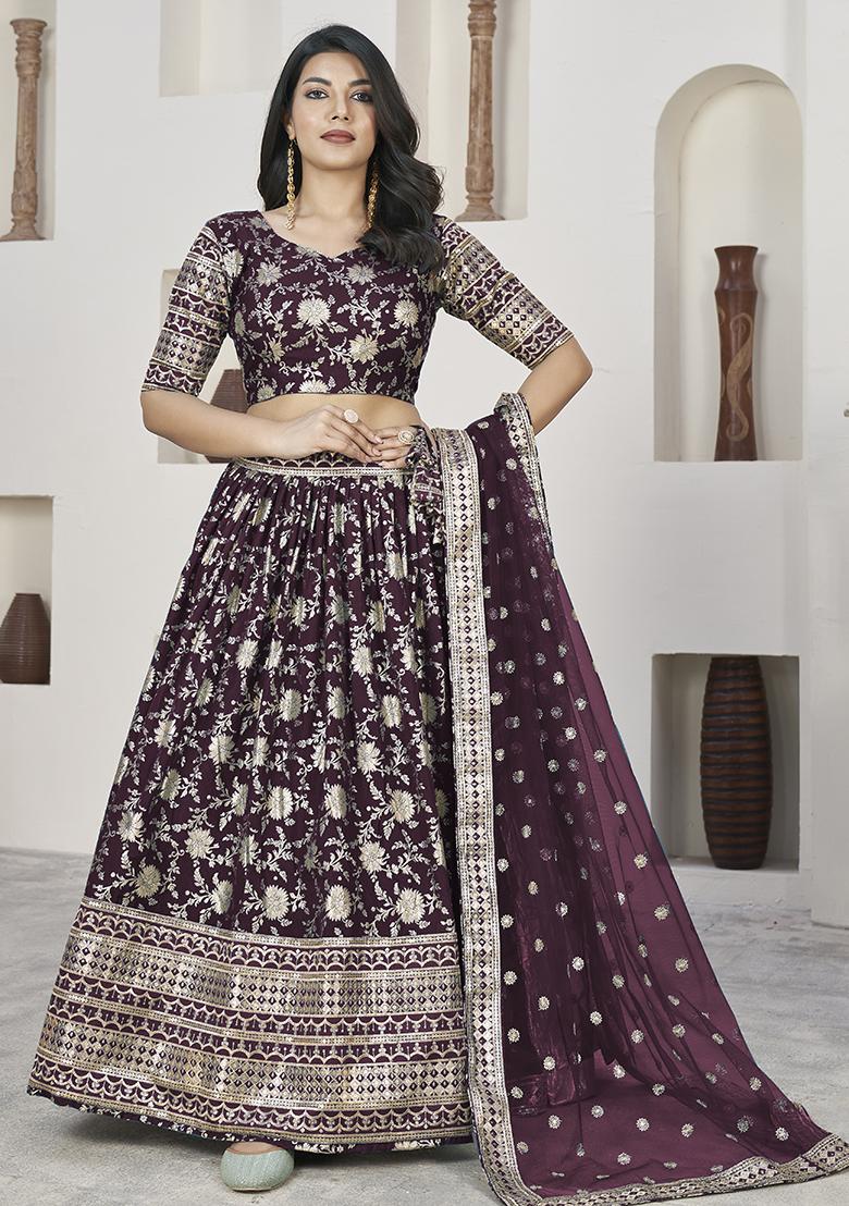 Wine Embroidererd Silk Lehenga Set With Dupatta