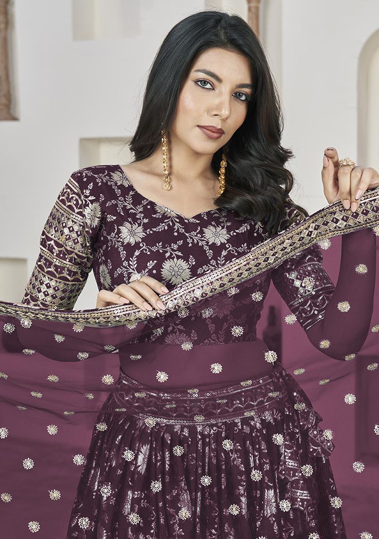 Wine Embroidererd Silk Lehenga Set With Dupatta