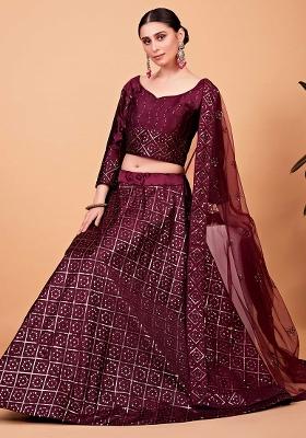 Wine Embroidererd Silk Lehenga Set With Dupatta
