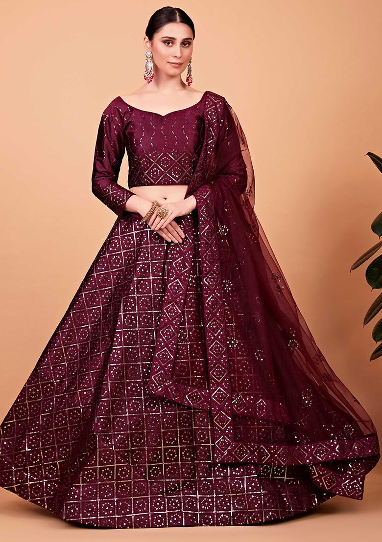 Wine Embroidererd Silk Lehenga Set With Dupatta