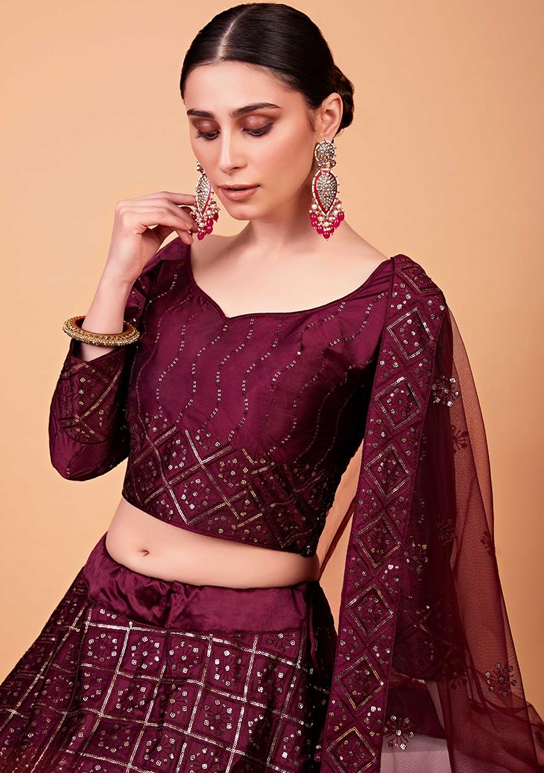 Wine Embroidererd Silk Lehenga Set With Dupatta