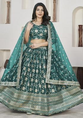 Rama Green Embroidererd Silk Lehenga Set With Dupatta