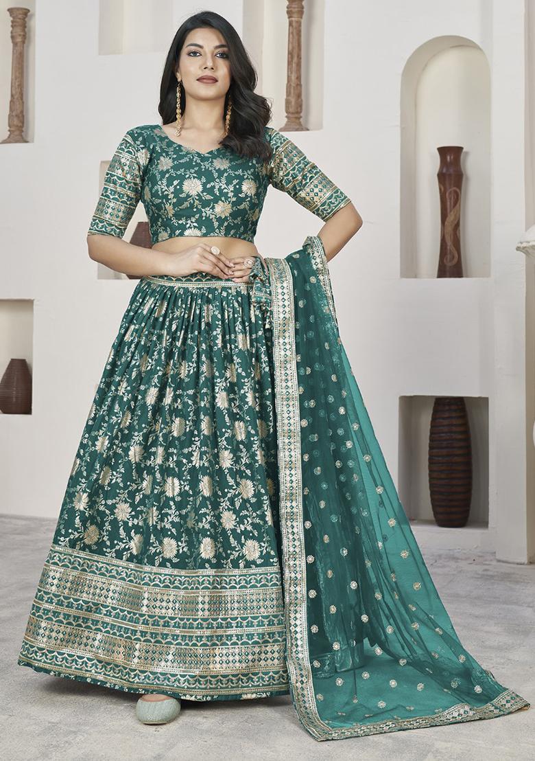 Rama Green Embroidererd Silk Lehenga Set With Dupatta