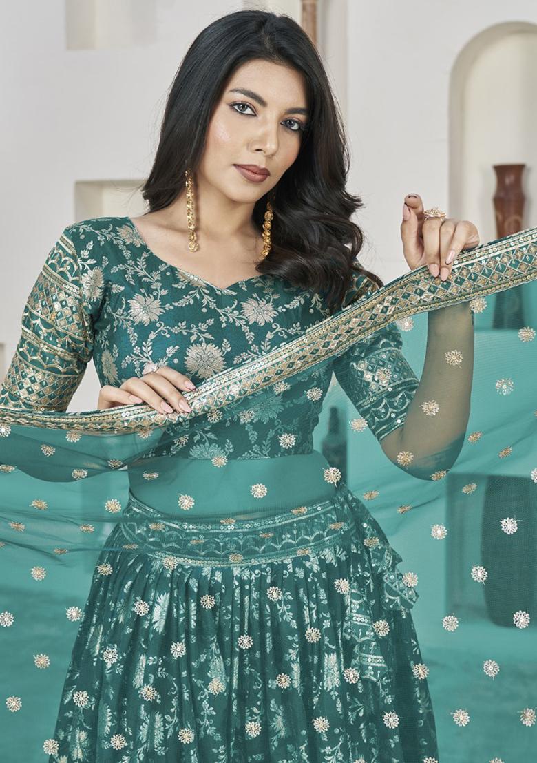 Rama Green Embroidererd Silk Lehenga Set With Dupatta