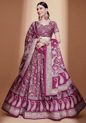 Purple Embroidererd Silk Lehenga Set With Dupatta