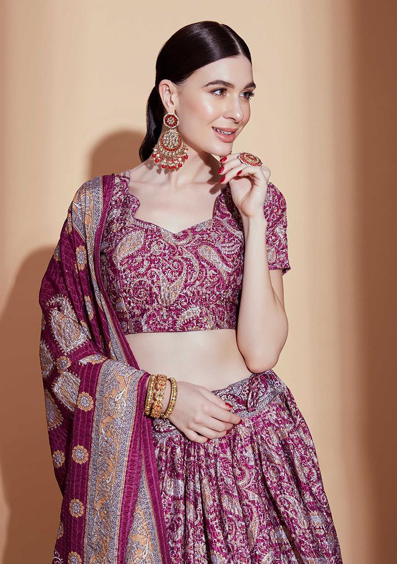 Purple Embroidererd Silk Lehenga Set With Dupatta