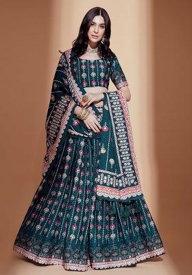Teal Blue Embroidererd Silk Lehenga Set With Dupatta
