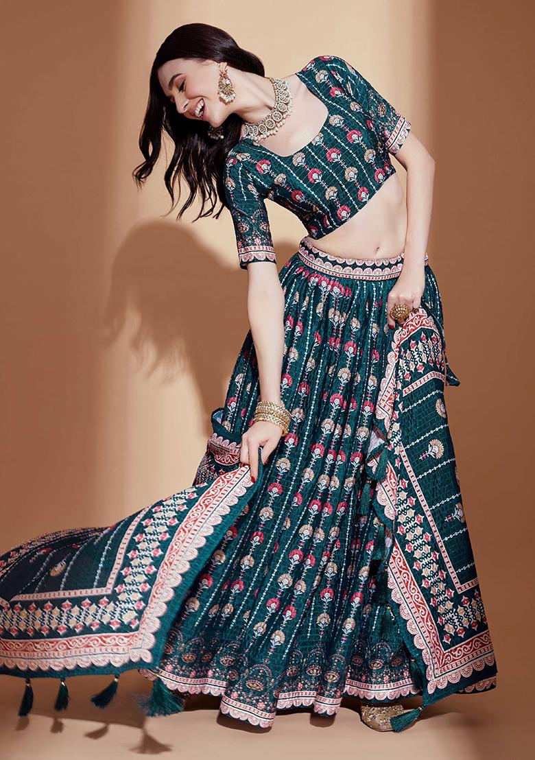 Teal Blue Embroidererd Silk Lehenga Set With Dupatta