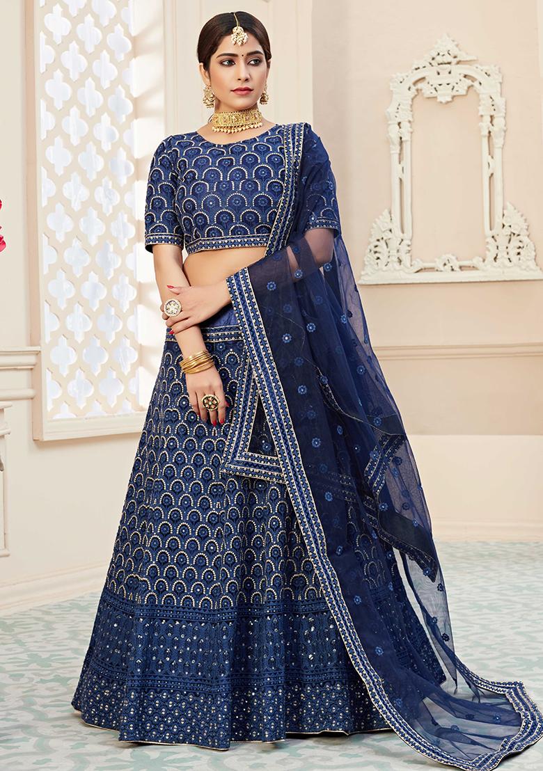 Blue Embroidererd Georgette Lehenga Set With Dupatta