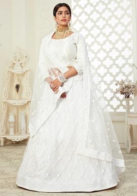 White Embroidererd Silk Lehenga Set With Dupatta