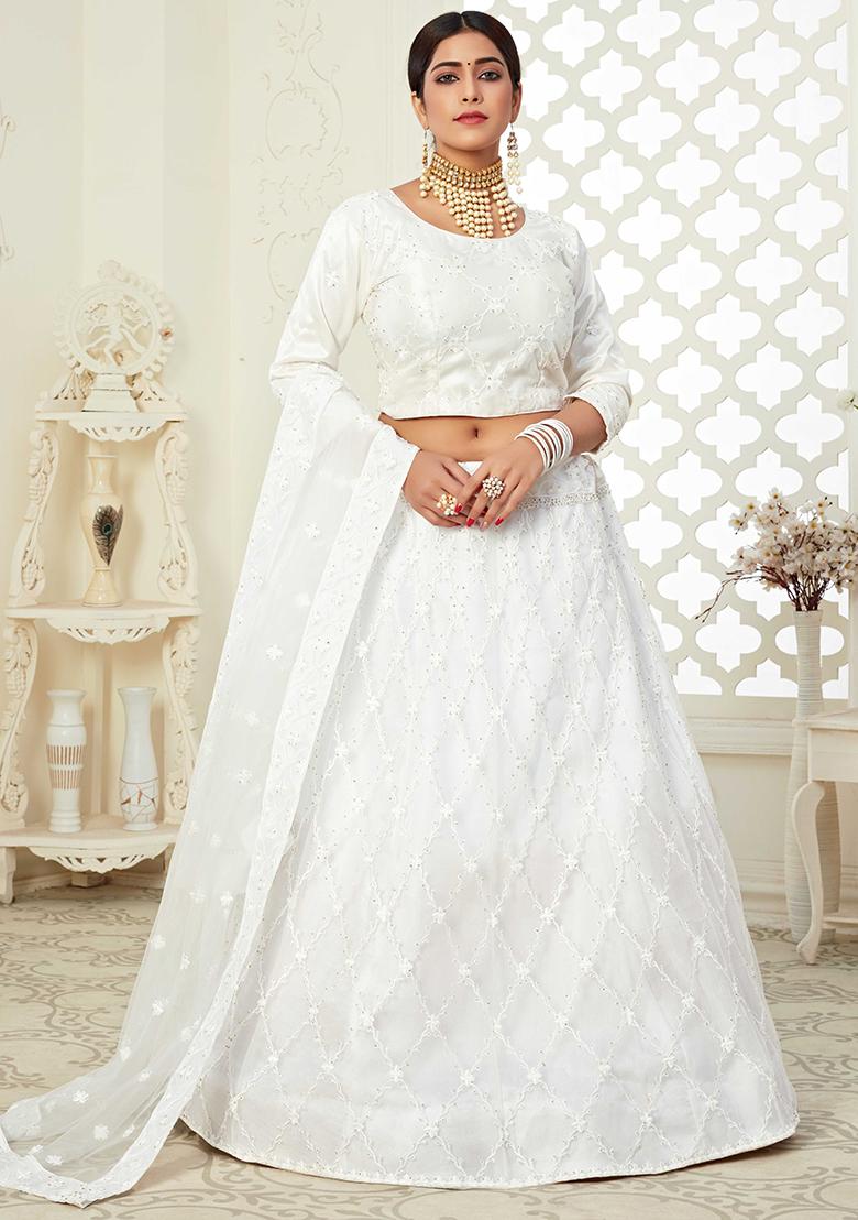 White Embroidererd Silk Lehenga Set With Dupatta