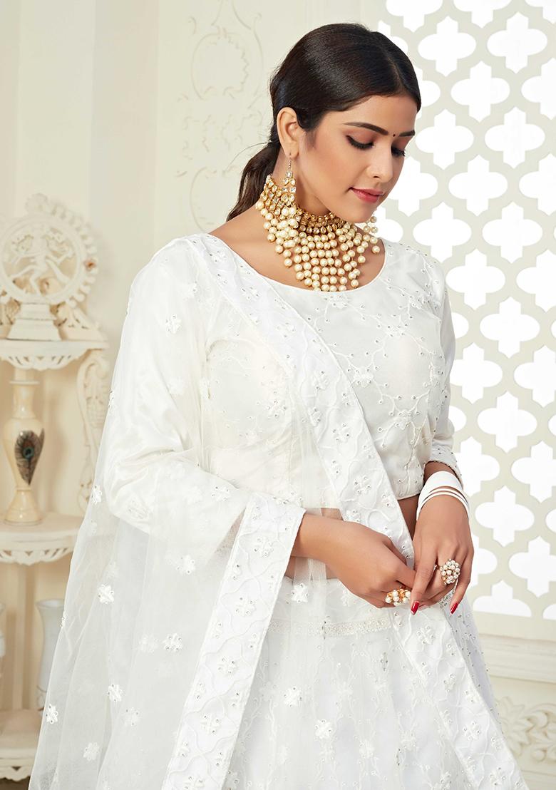White Embroidererd Silk Lehenga Set With Dupatta