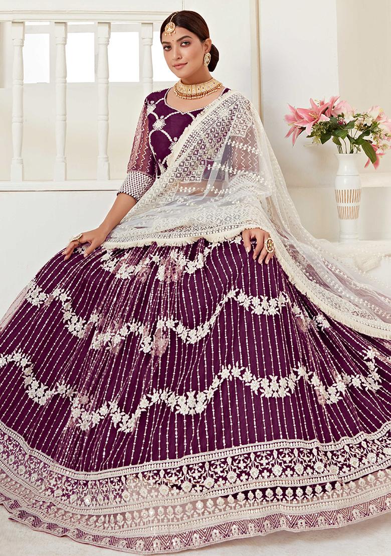 Wine Embroidererd Net Lehenga Set With Dupatta