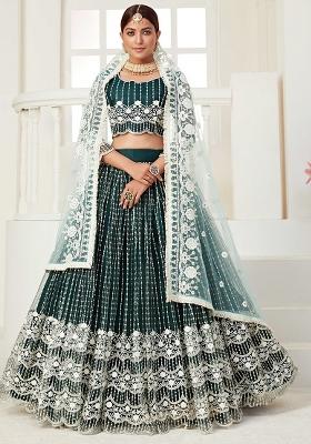 Green Embroidererd Net Lehenga Set With Dupatta