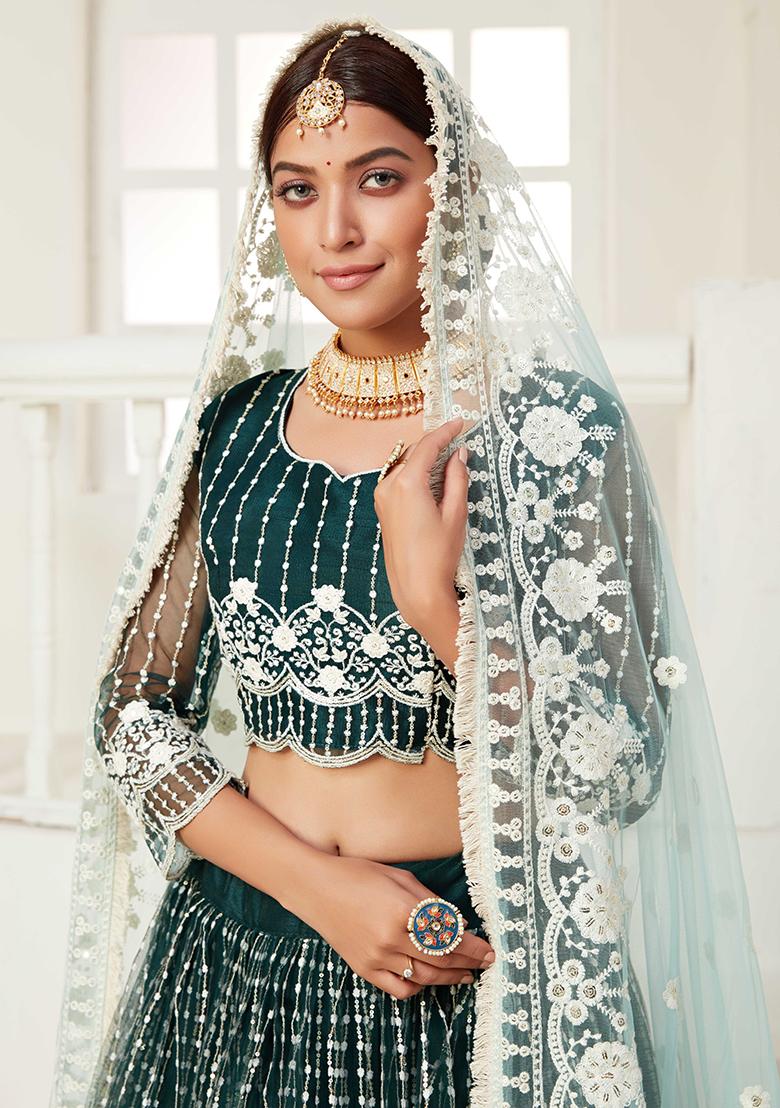 Green Embroidererd Net Lehenga Set With Dupatta