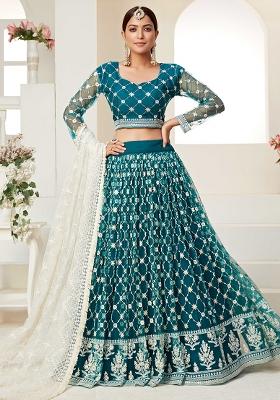 Teal Blue Embroidererd Net Lehenga Set With Dupatta