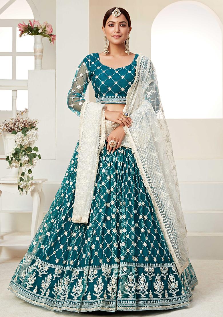 Teal Blue Embroidererd Net Lehenga Set With Dupatta