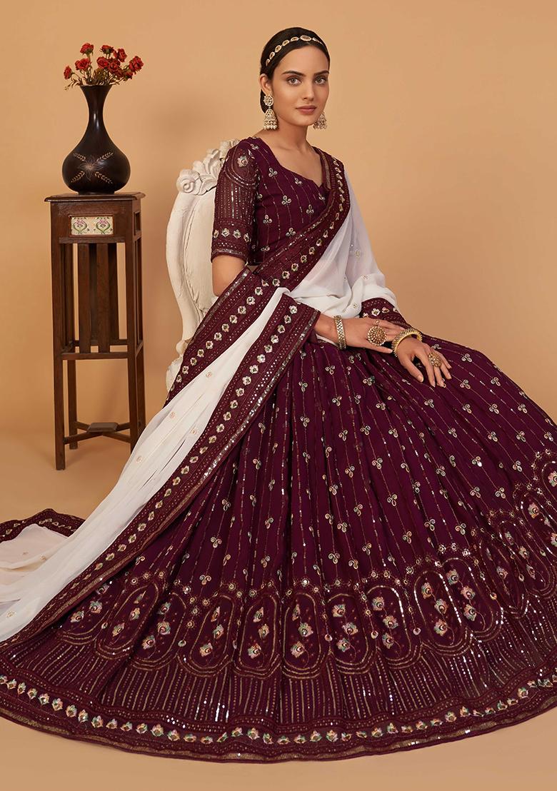 Wine Embroidererd Georgette Lehenga Set With Dupatta