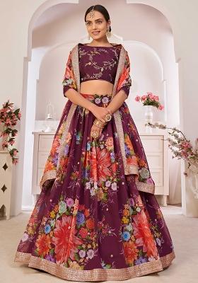Wine Embroidererd Silk Lehenga Set With Dupatta