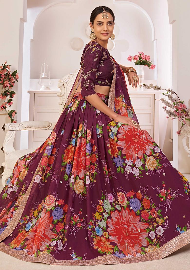 Wine Embroidererd Silk Lehenga Set With Dupatta