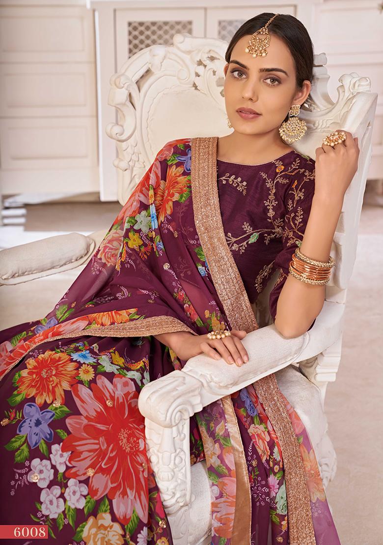 Wine Embroidererd Silk Lehenga Set With Dupatta