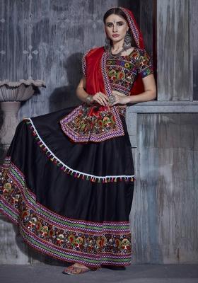 Black Gamthi Work Silk Lehenga Set With Dupatta