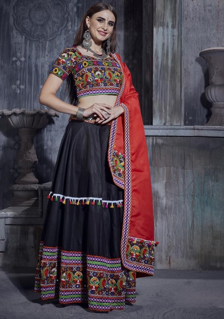 Black Gamthi Work Silk Lehenga Set With Dupatta