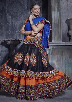 Orange And Black Gamthi Work Silk Lehenga Set With Dupatta