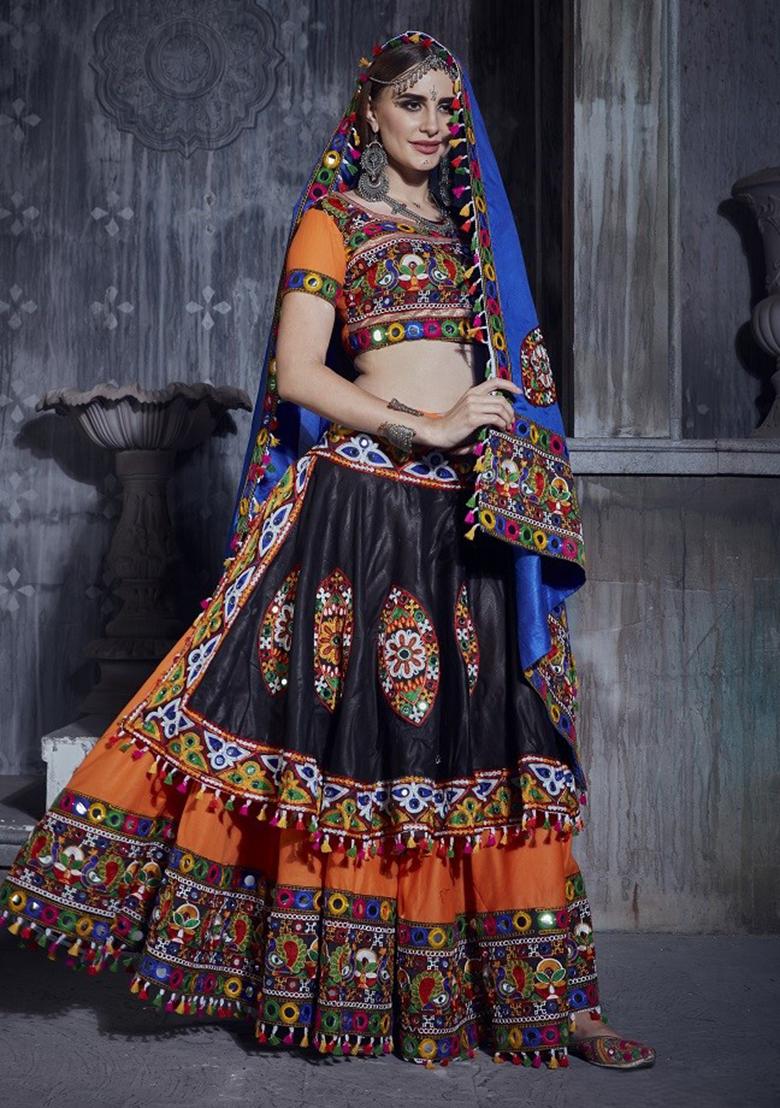 Orange And Black Gamthi Work Silk Lehenga Set With Dupatta