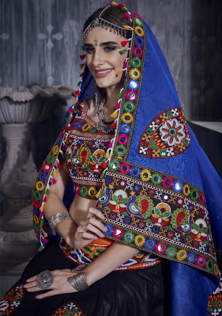 Orange And Black Gamthi Work Silk Lehenga Set With Dupatta