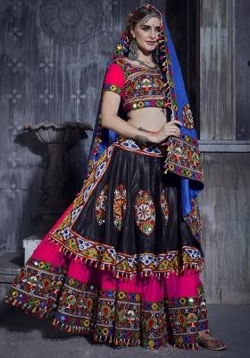 Pink And Black Gamthi Work Silk Lehenga Set With Dupatta